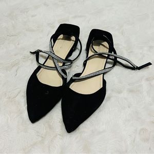 Women’s black suede pumps with rhinestone ankle straps